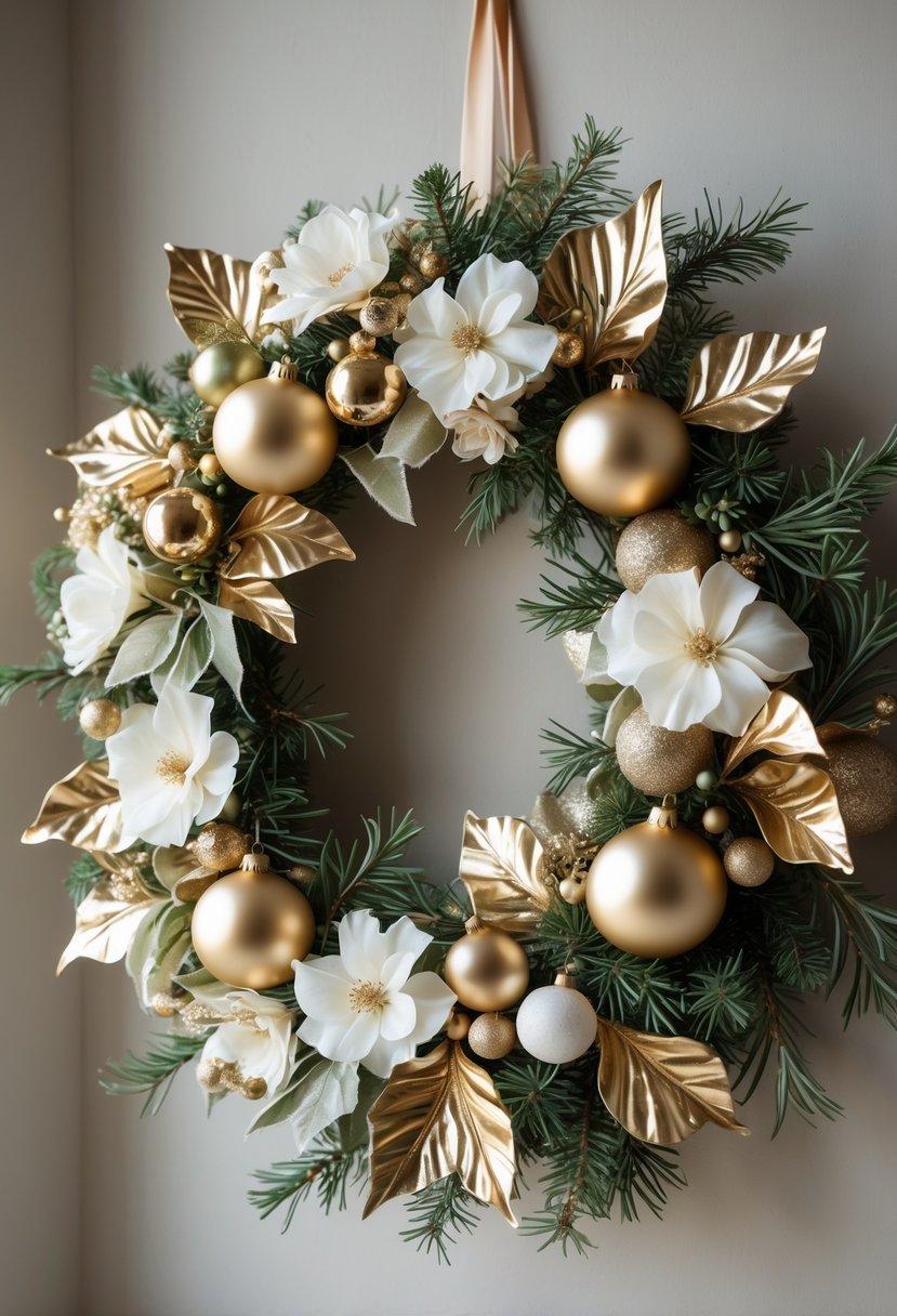 A Christmas wreath decorated with gold ornaments, ivory flowers, and green foliage.