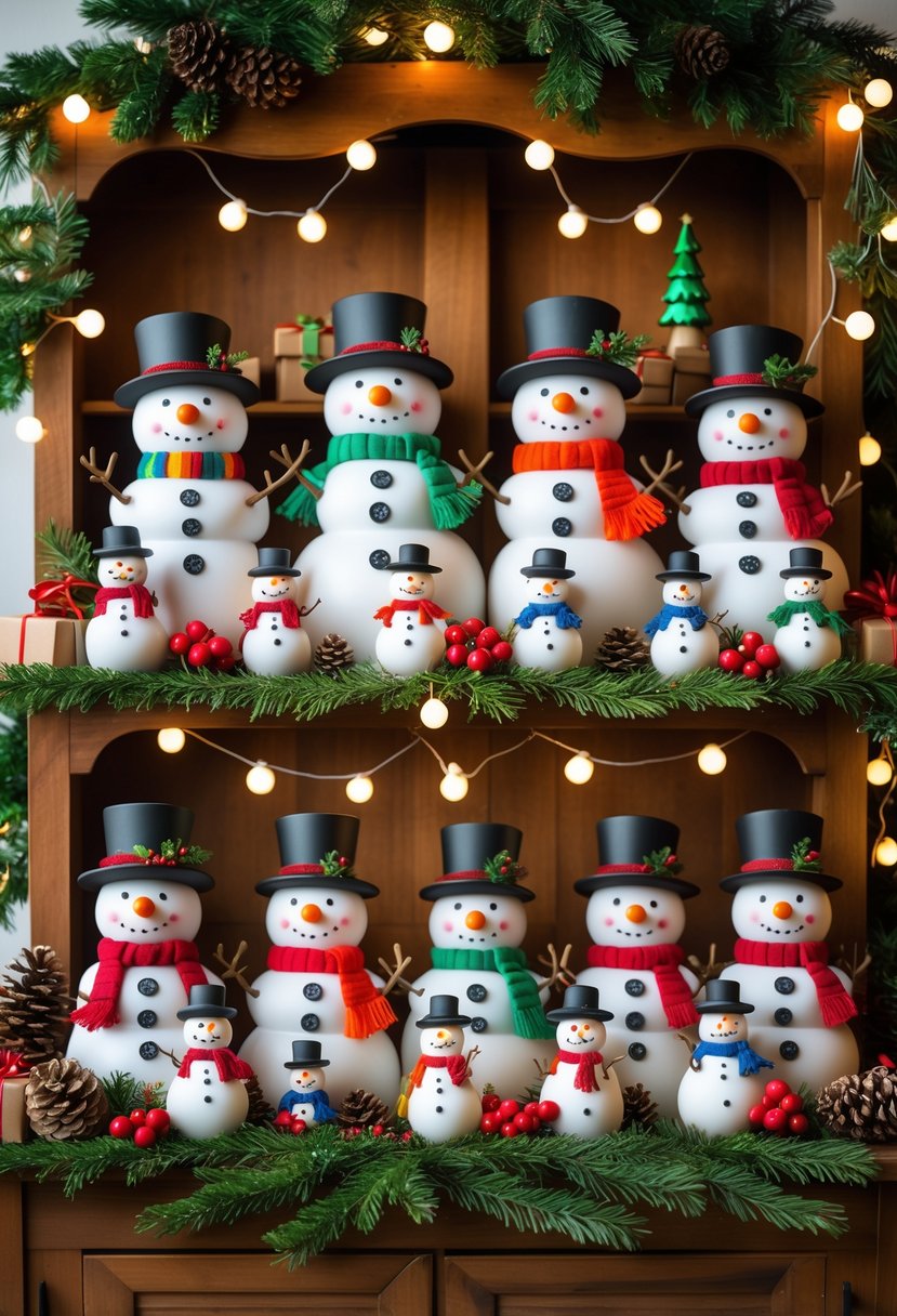 A collection of cheerful snowman figurines displayed on a decorated wooden hutch with Christmas decorations like pine garlands, lights, and small gifts.