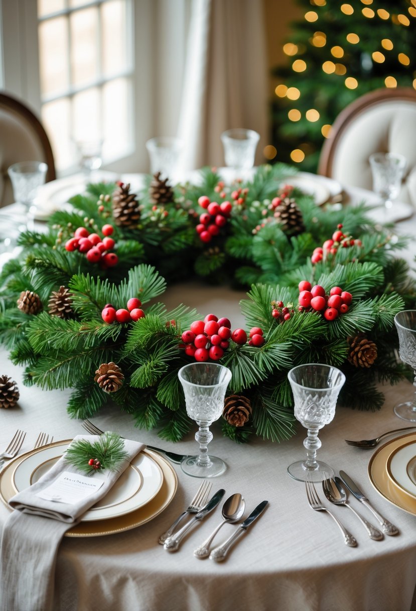 A round dining table with a fresh pine and berry wreath centerpiece surrounded by elegant table settings for a holiday meal.