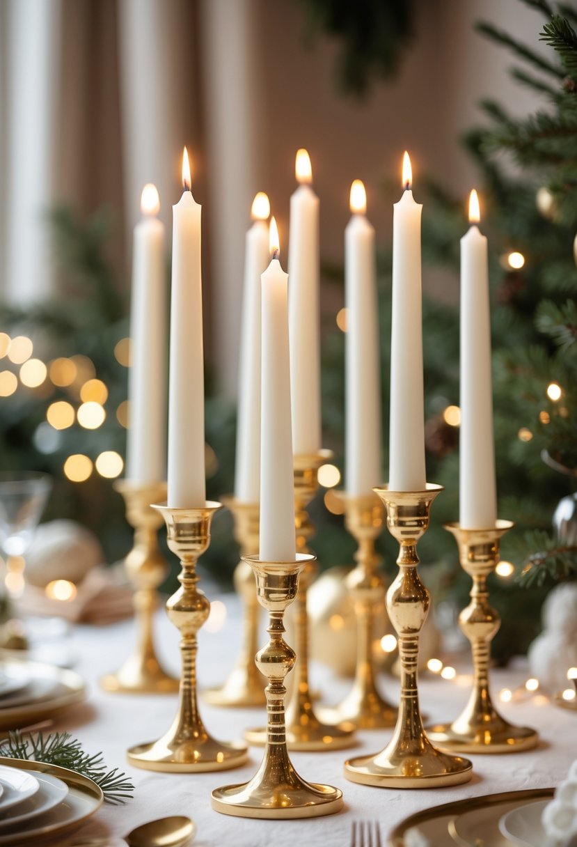 Gold candle holders with white candles arranged on a holiday table with festive decorations in the background.