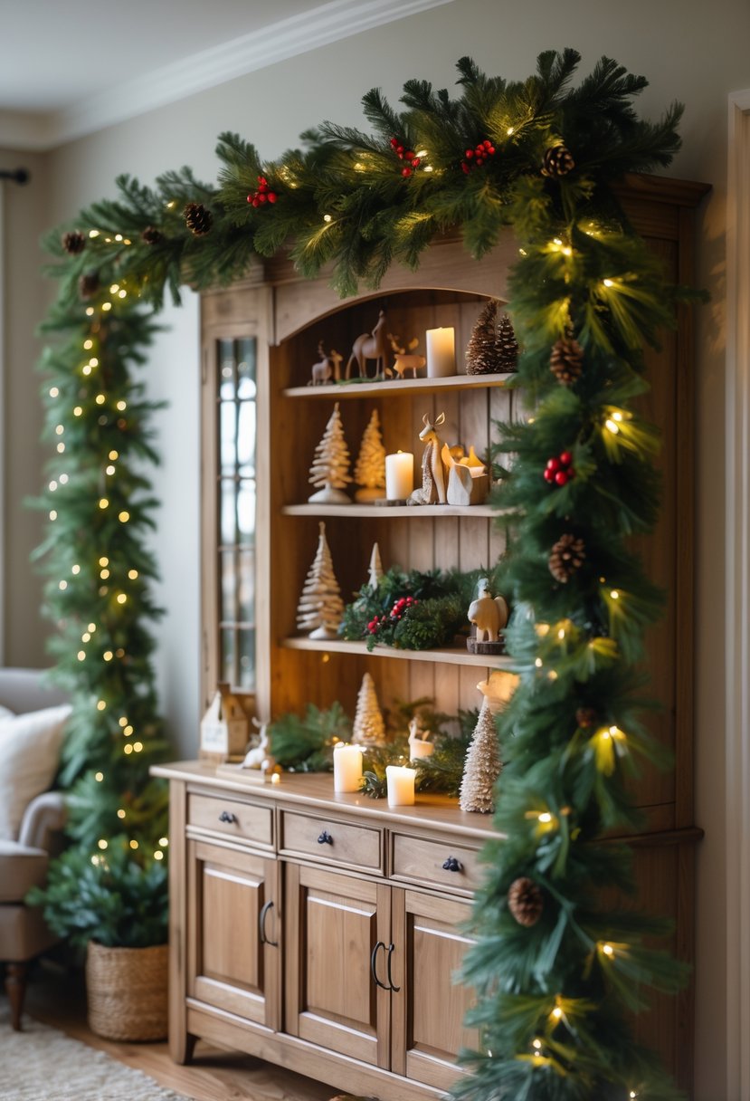 A wooden hutch decorated with a fresh pine garland, pine cones, red berries, and Christmas ornaments in a cozy indoor setting.