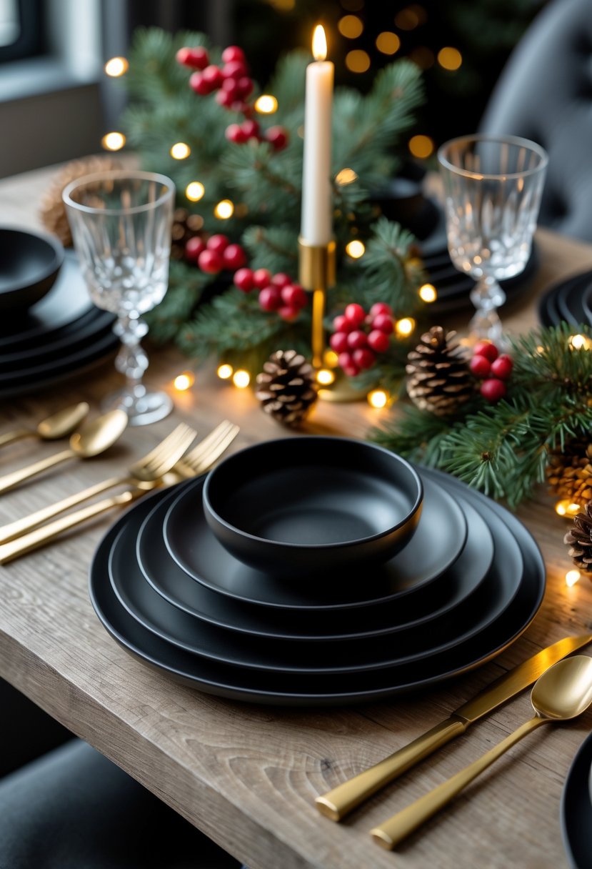 A Christmas dining table set with matte black plates, festive decorations, and warm lighting.