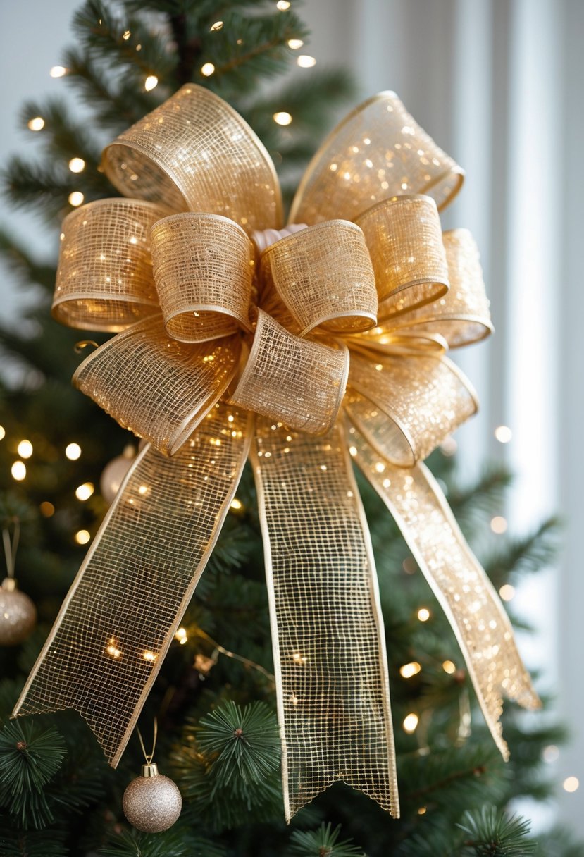 A gold mesh bow tree topper on a decorated Christmas tree with warm white lights.