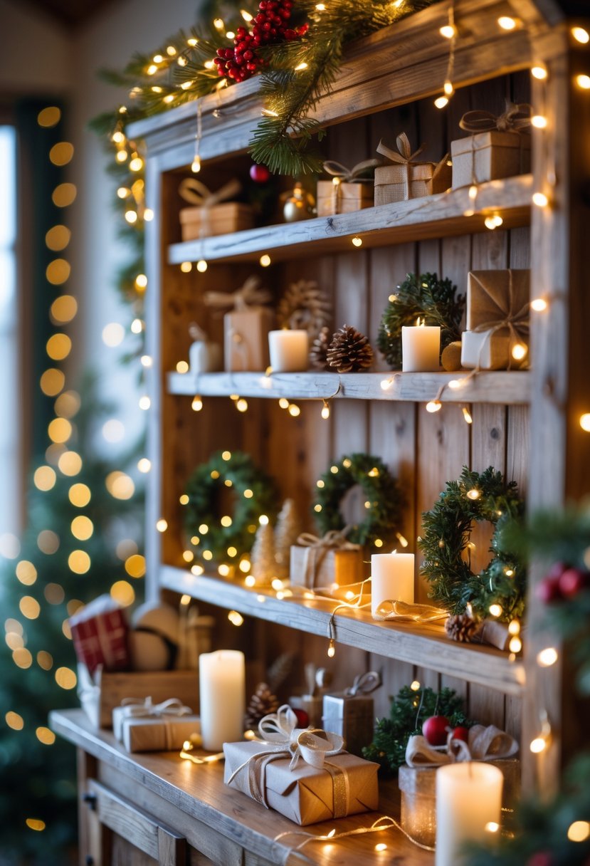 A wooden hutch decorated with warm white fairy lights, holiday ornaments, pinecones, candles, and small wrapped gifts creating a cozy Christmas display.