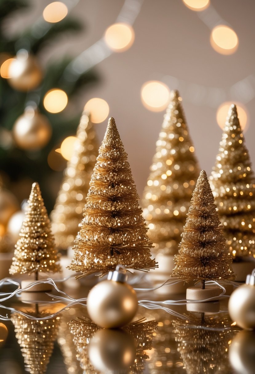 A group of small gold glittered Christmas trees arranged with gold ornaments and fairy lights on a reflective surface.