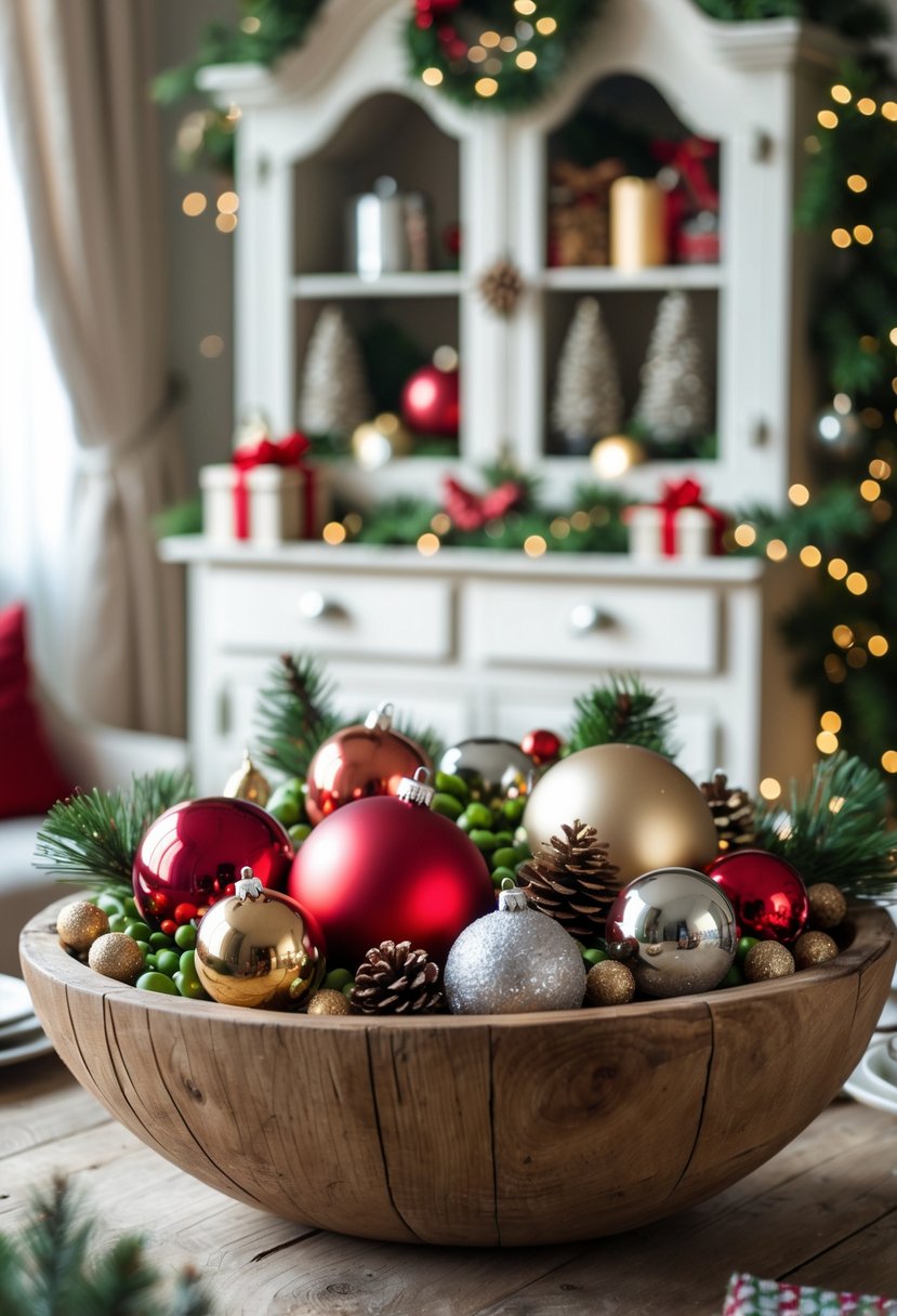 A wooden dough bowl filled with Christmas ornaments on a table in front of a decorated Christmas hutch.