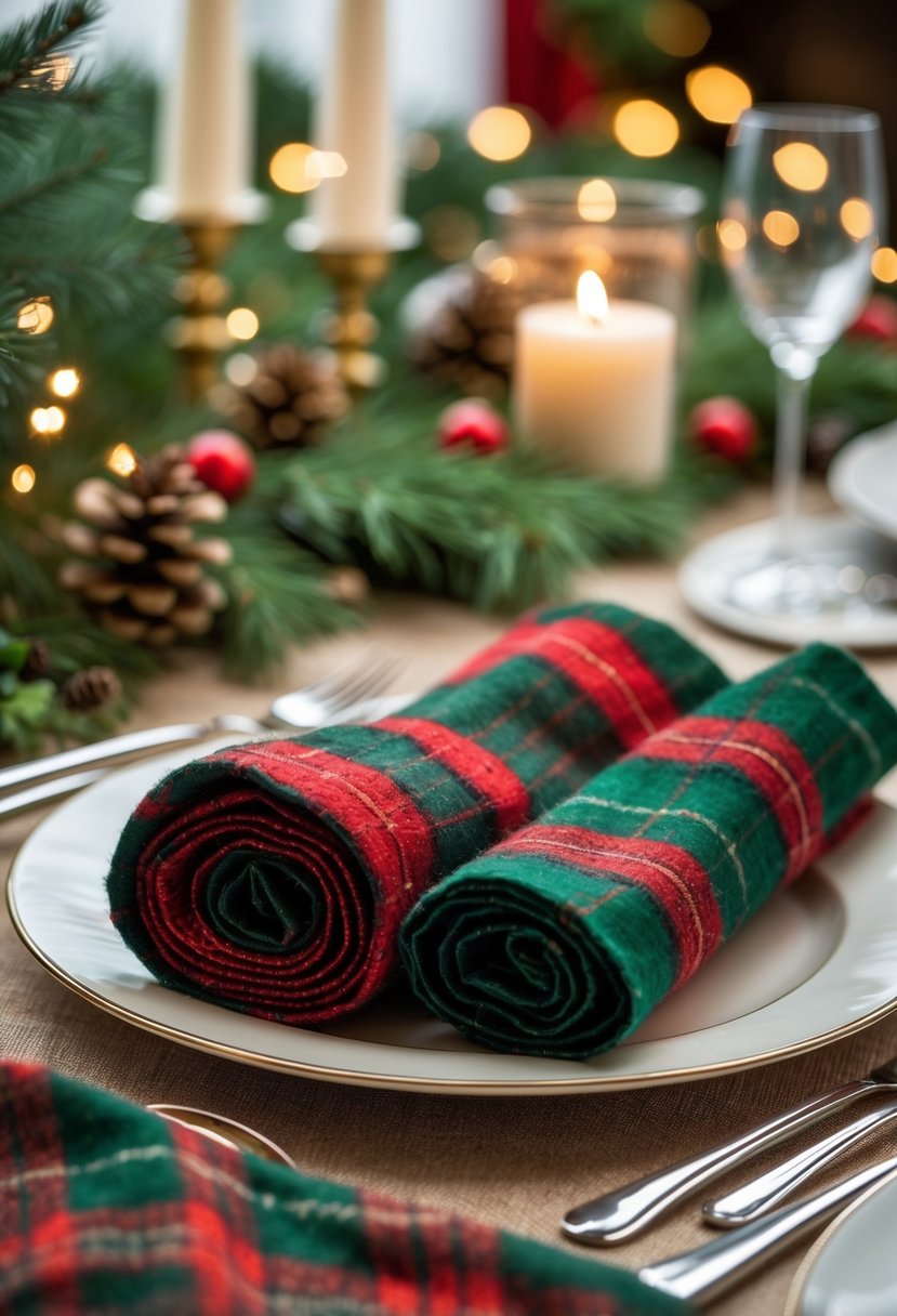 A holiday dining table with red and green plaid wool napkins, white plates, silverware, pine branches, pine cones, and candles.