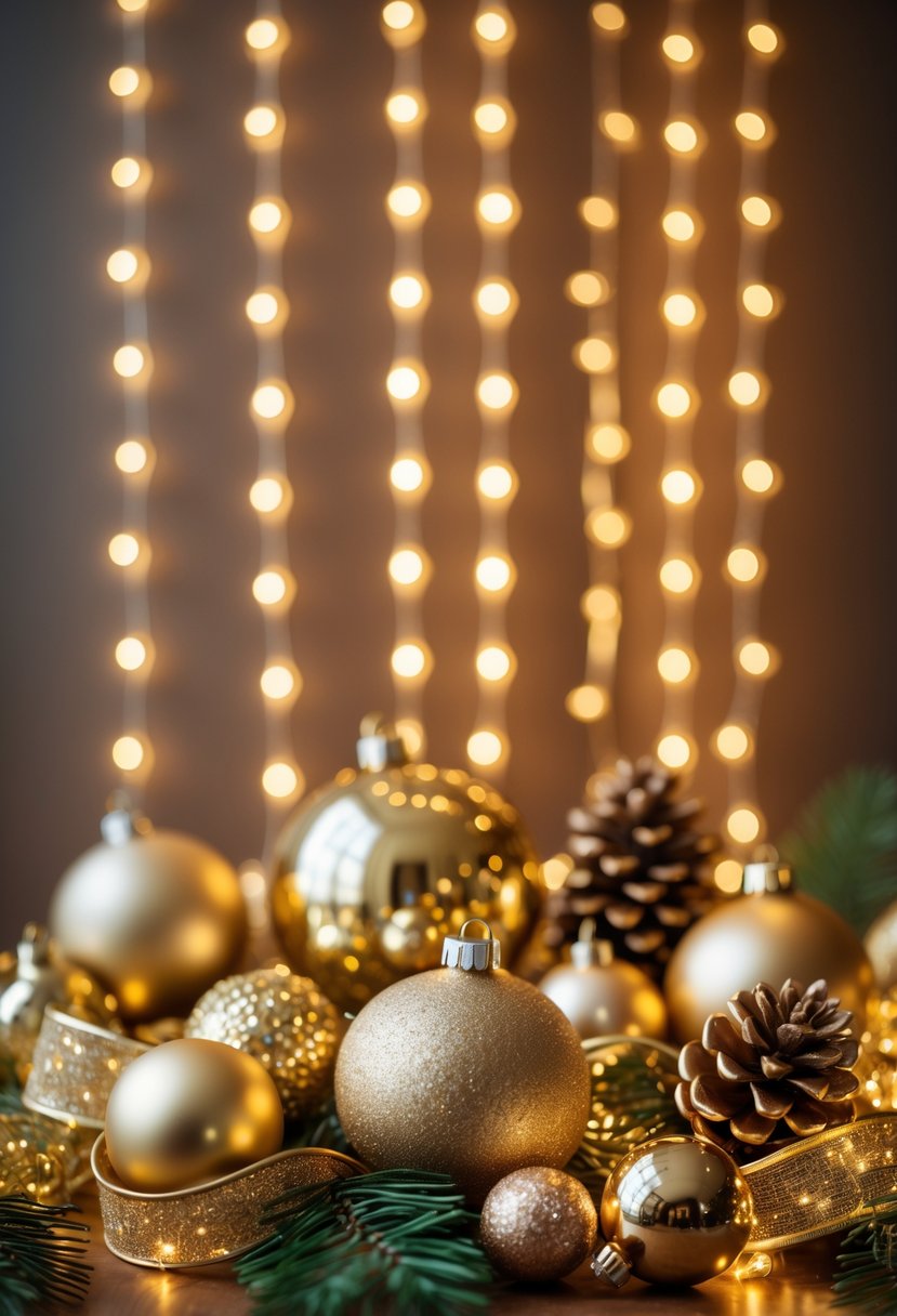 An arrangement of gold fairy lights and various gold Christmas decorations glowing warmly on a festive background.