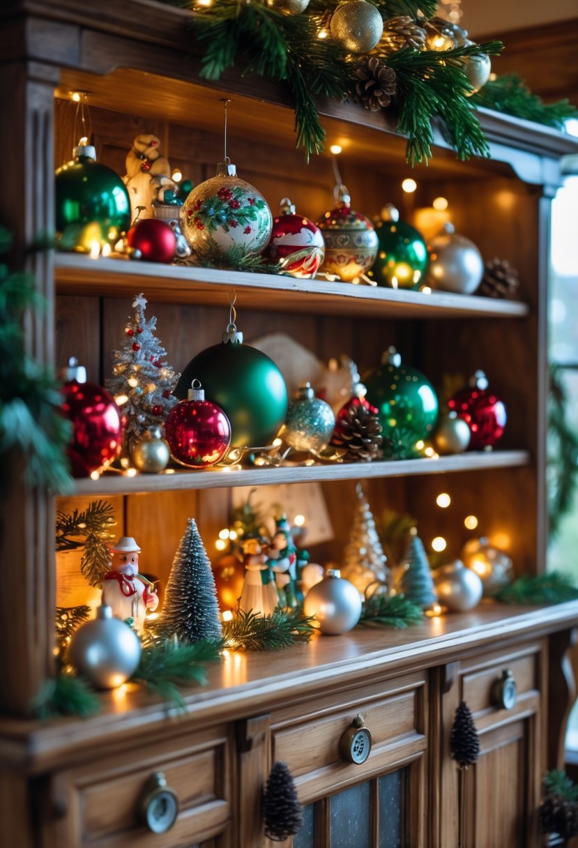 A wooden hutch decorated with vintage Christmas ornaments, pinecones, evergreen sprigs, and soft fairy lights, creating a warm holiday scene.