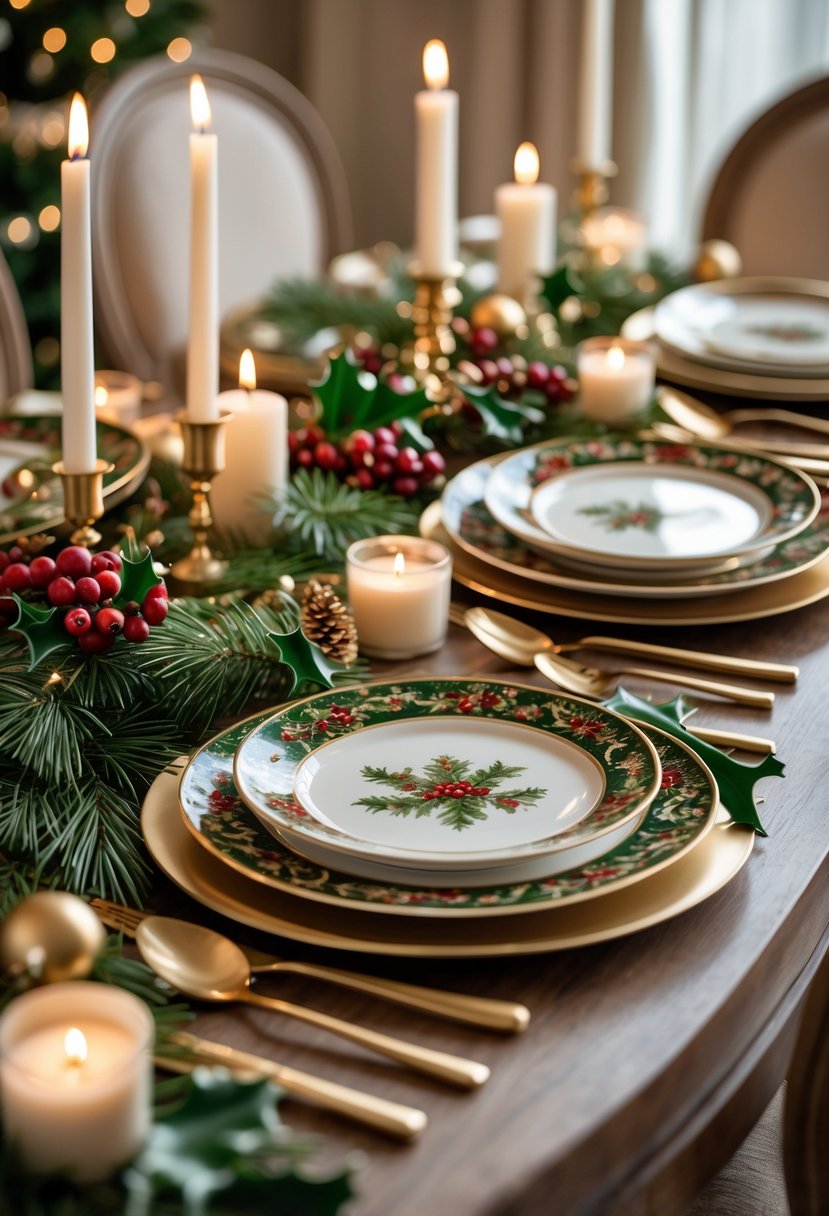 A holiday dining table set with multiple decorated porcelain plates and festive Christmas decorations.