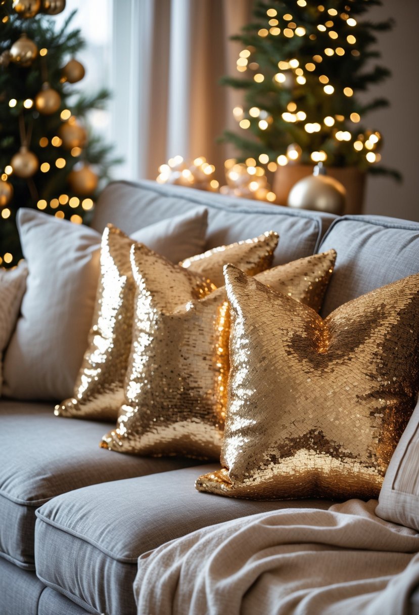 A sofa decorated with gold sequin throw pillows surrounded by subtle Christmas decorations and warm lighting.