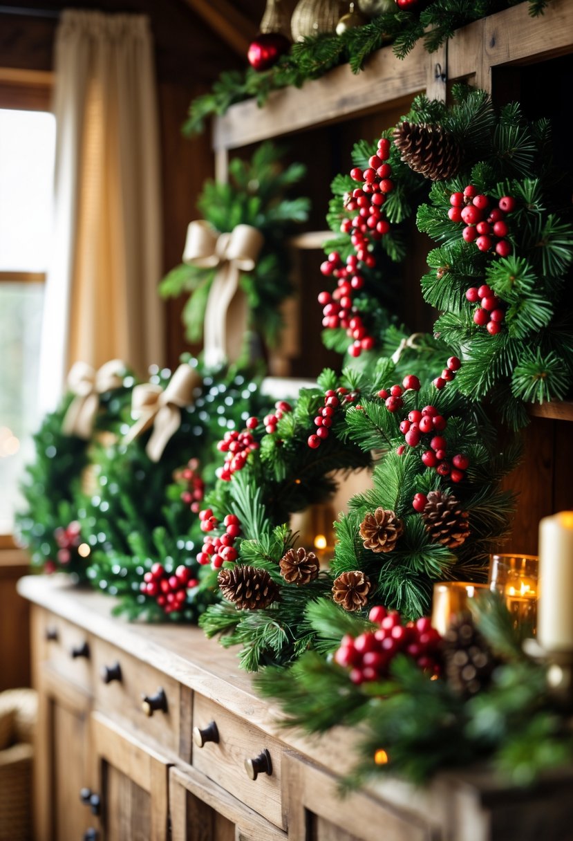 A collection of handmade Christmas wreaths with red berries displayed on a wooden hutch surrounded by festive decorations.