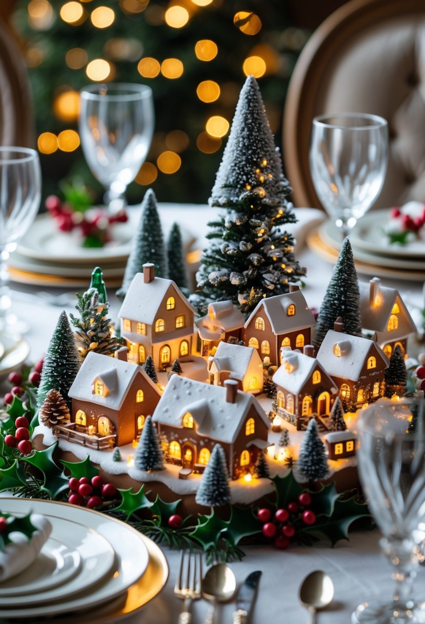 A miniature Christmas village centerpiece on a round dining table with holiday decorations and table settings.
