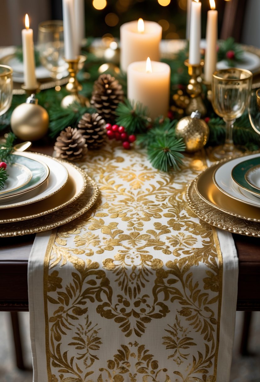 A festive holiday table with a gold patterned table runner, decorated with candles, ornaments, pine cones, and evergreen branches.