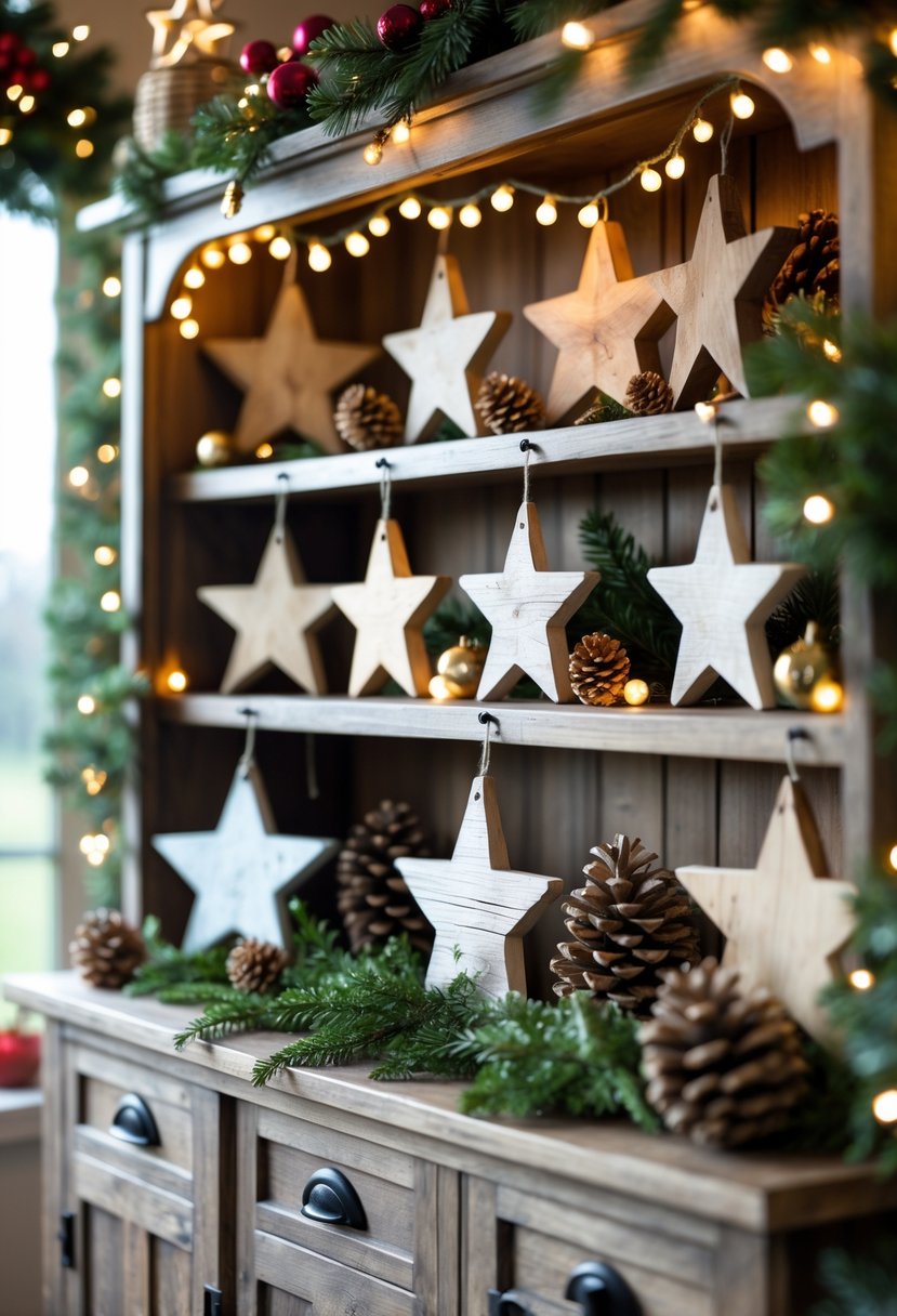 A Christmas hutch decorated with rustic wooden star ornaments, pinecones, evergreen branches, and warm string lights.