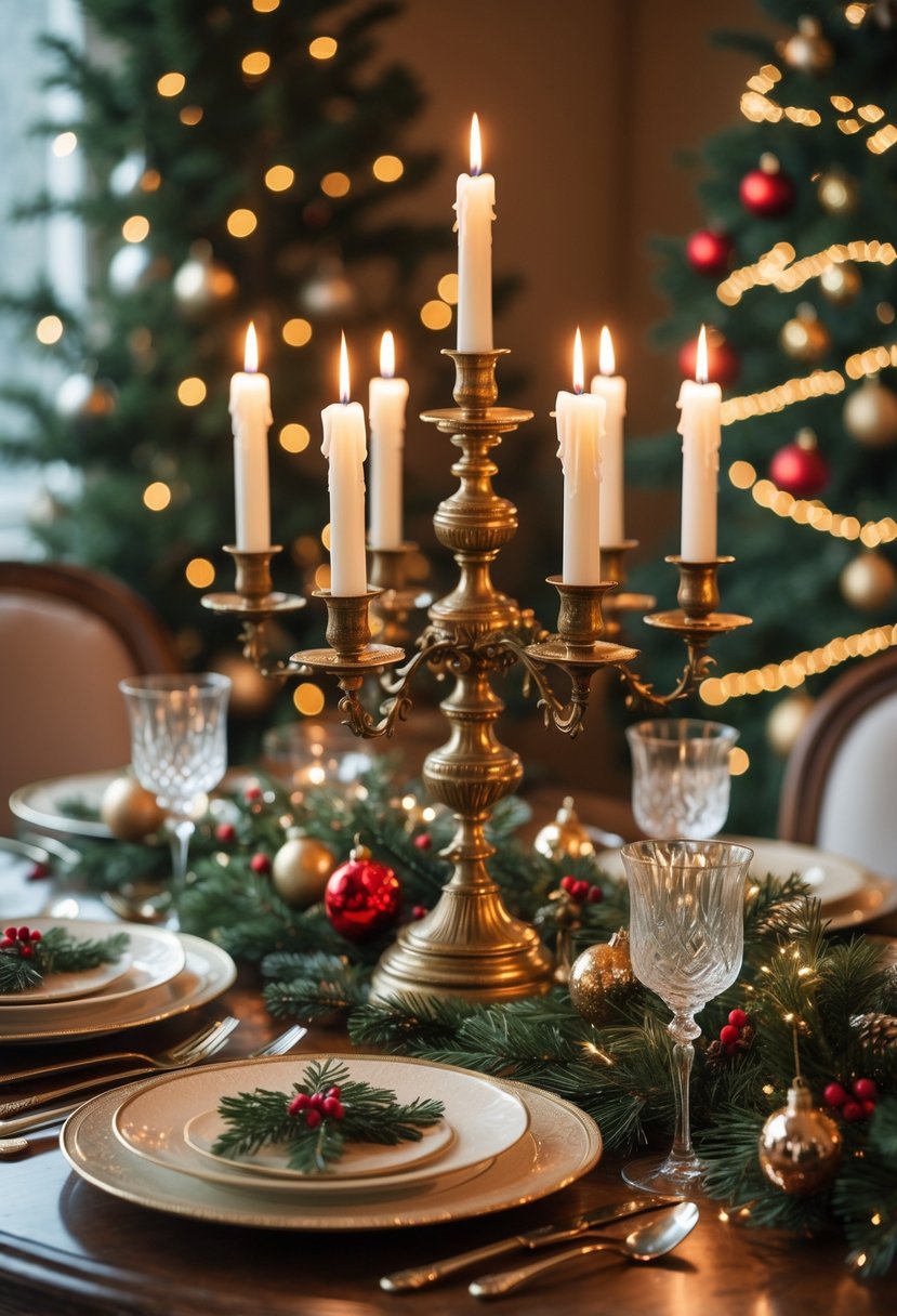 A round dining table decorated for Christmas with an antique brass candelabra holding lit candles surrounded by festive holiday decorations and place settings.