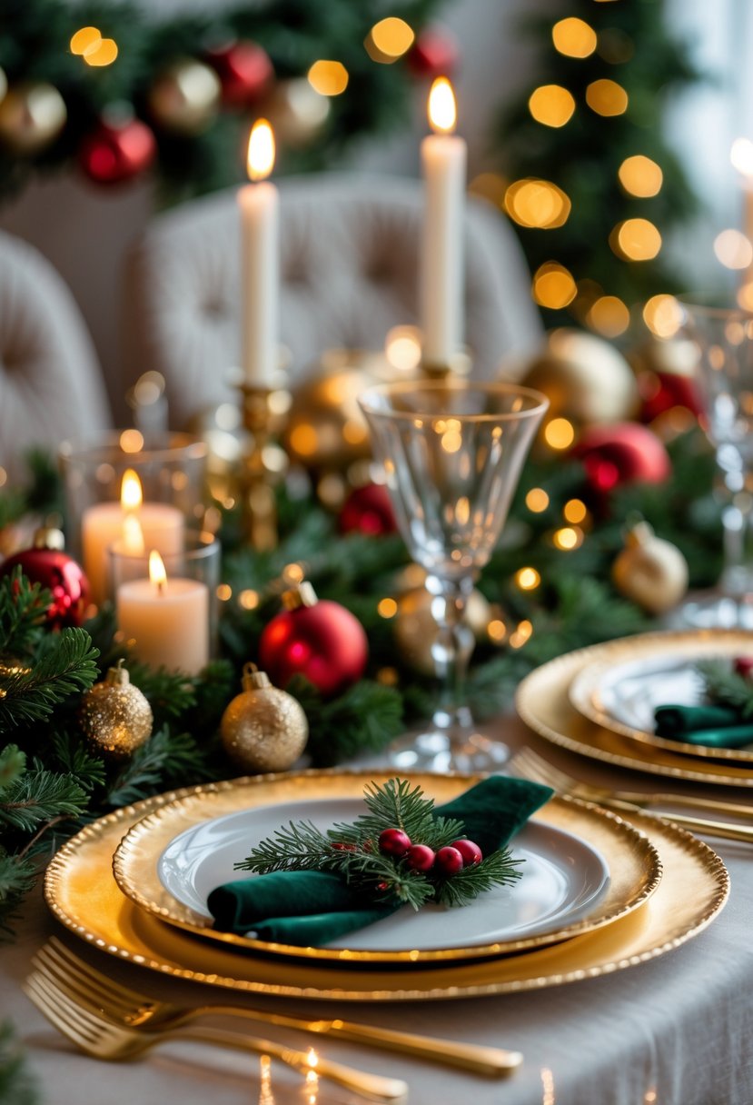 A holiday dining table set with gold-edged charger plates, decorated with green garlands, red and gold ornaments, and candles.