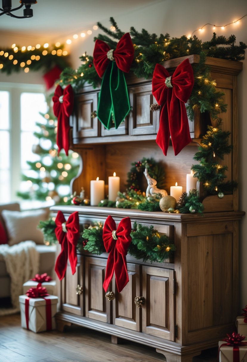 A wooden hutch decorated with red and green velvet ribbon bows, pine garlands, ornaments, and warm white lights in a cozy Christmas setting.