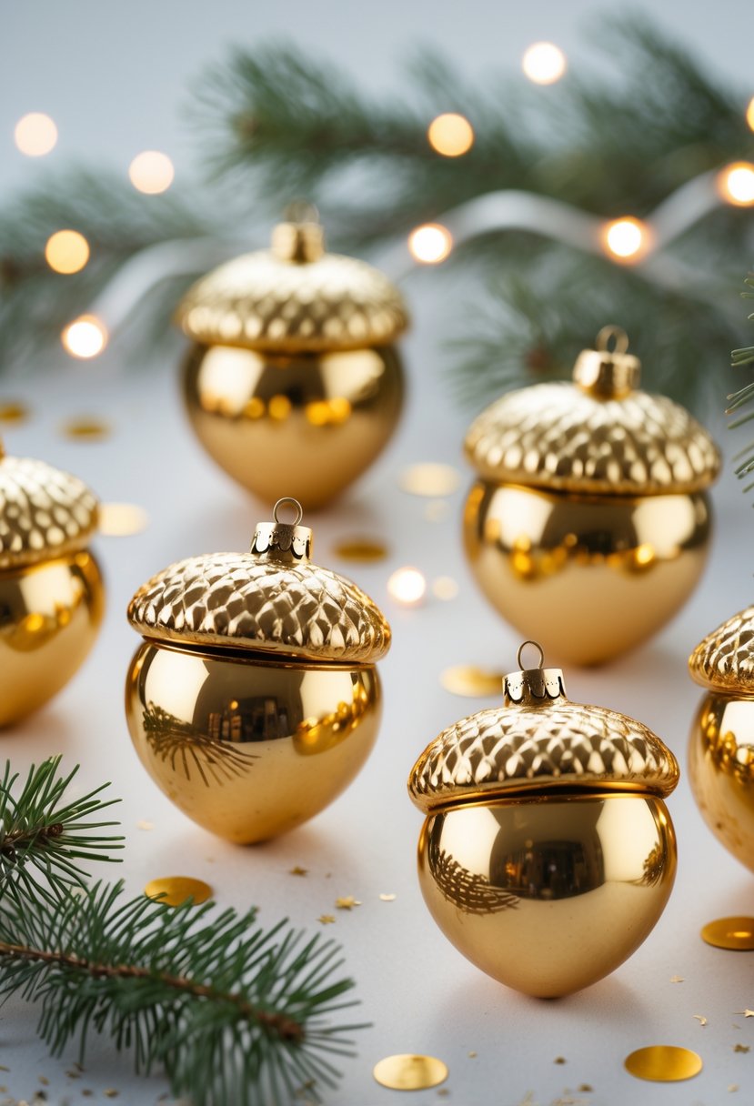 Gold acorn-shaped Christmas ornaments with a glossy finish arranged among pine branches and subtle holiday lights.