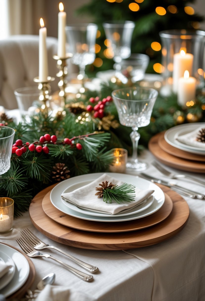 A Christmas dining table set with natural wood charger plates, white plates, pine branches, red berries, candles, and silverware.