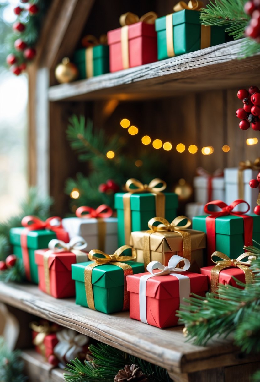 A collection of 15 small wrapped Christmas gift boxes arranged on a wooden hutch shelf with pine branches, red berries, pine cones, and warm fairy lights.