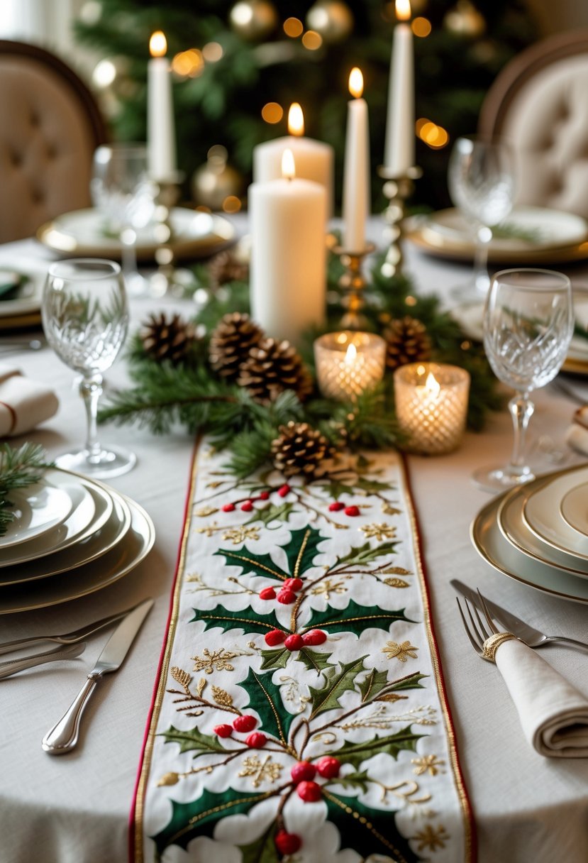 A round dining table decorated with an embroidered holiday table runner, fine tableware, candles, and festive greenery.