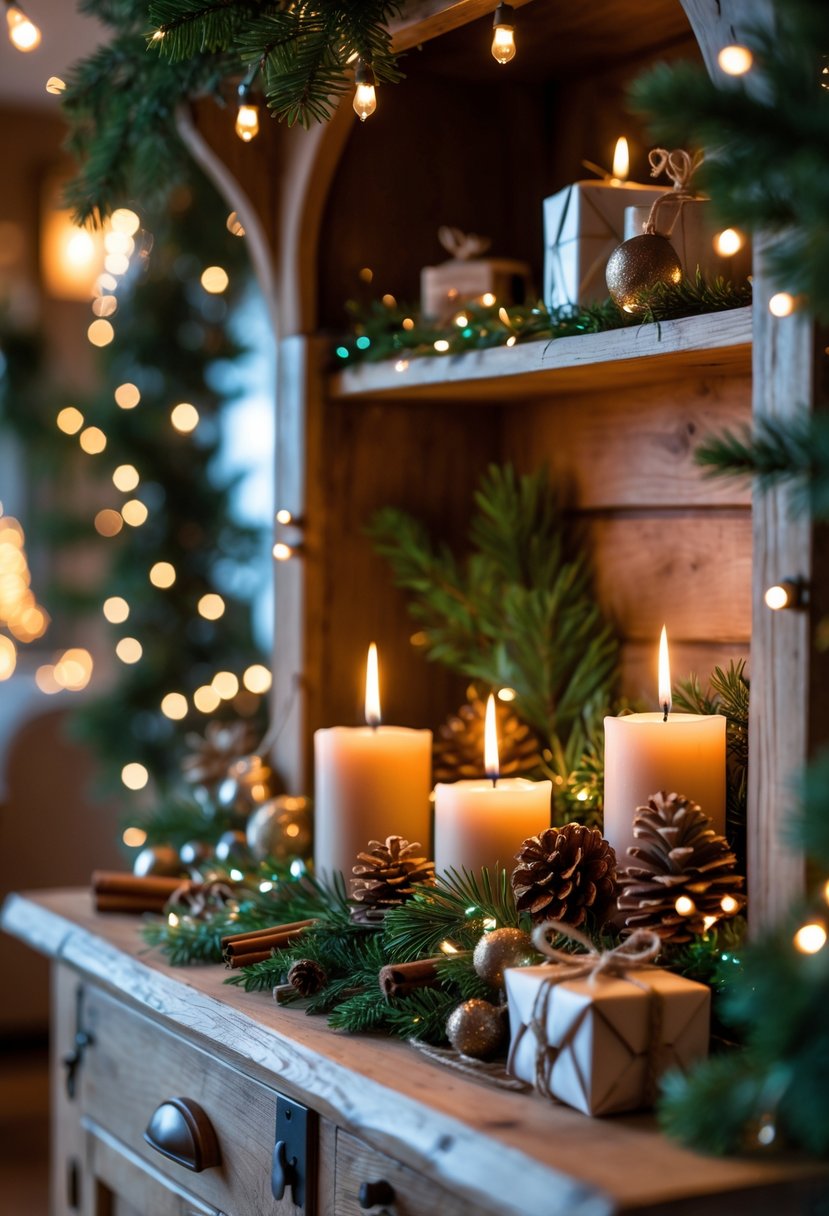 A wooden hutch decorated with lit candles, cinnamon sticks, pinecones, and evergreen sprigs, creating a warm and festive Christmas scene.