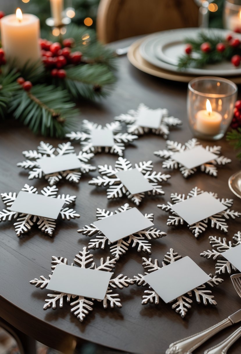 A round Christmas dining table decorated with silver snowflake place card holders, pine branches, red berries, and candles.
