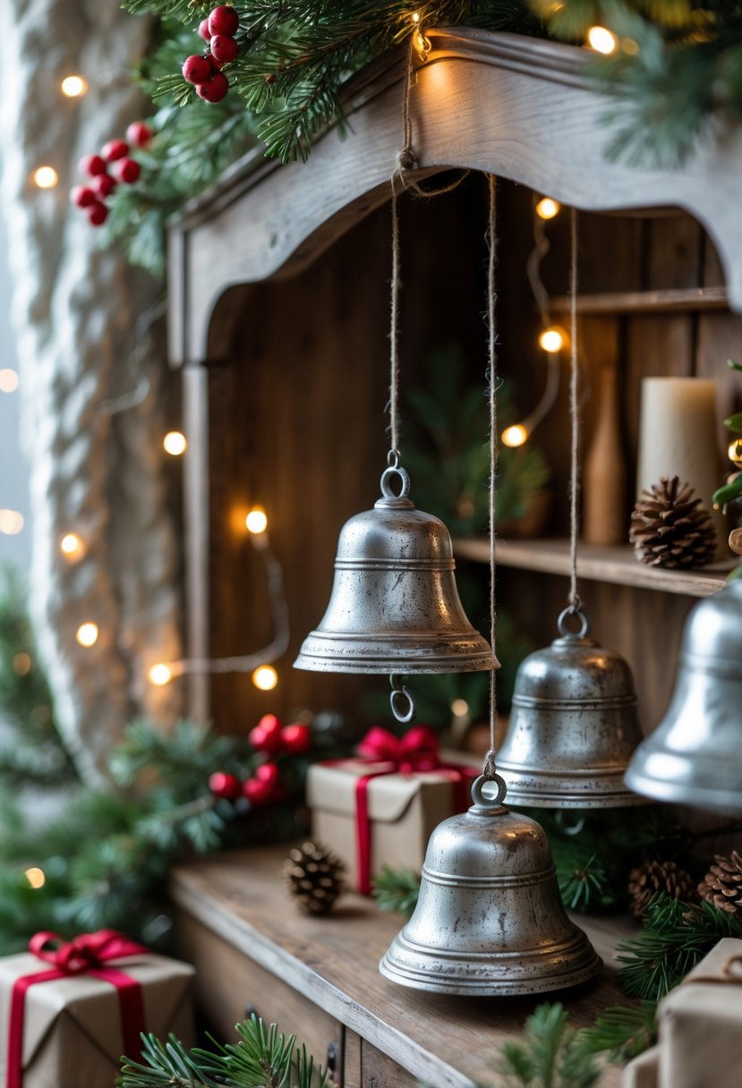 Antique silver bells hanging on a wooden hutch surrounded by Christmas decorations like pine branches, red berries, pine cones, and warm white lights.