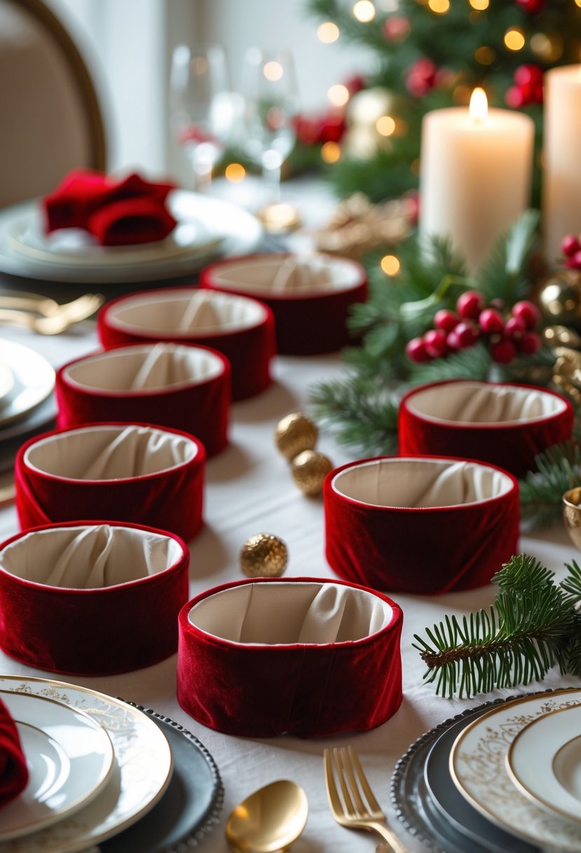 A holiday dining table set with white napkins held by red velvet ribbon napkin rings, surrounded by festive Christmas decorations.
