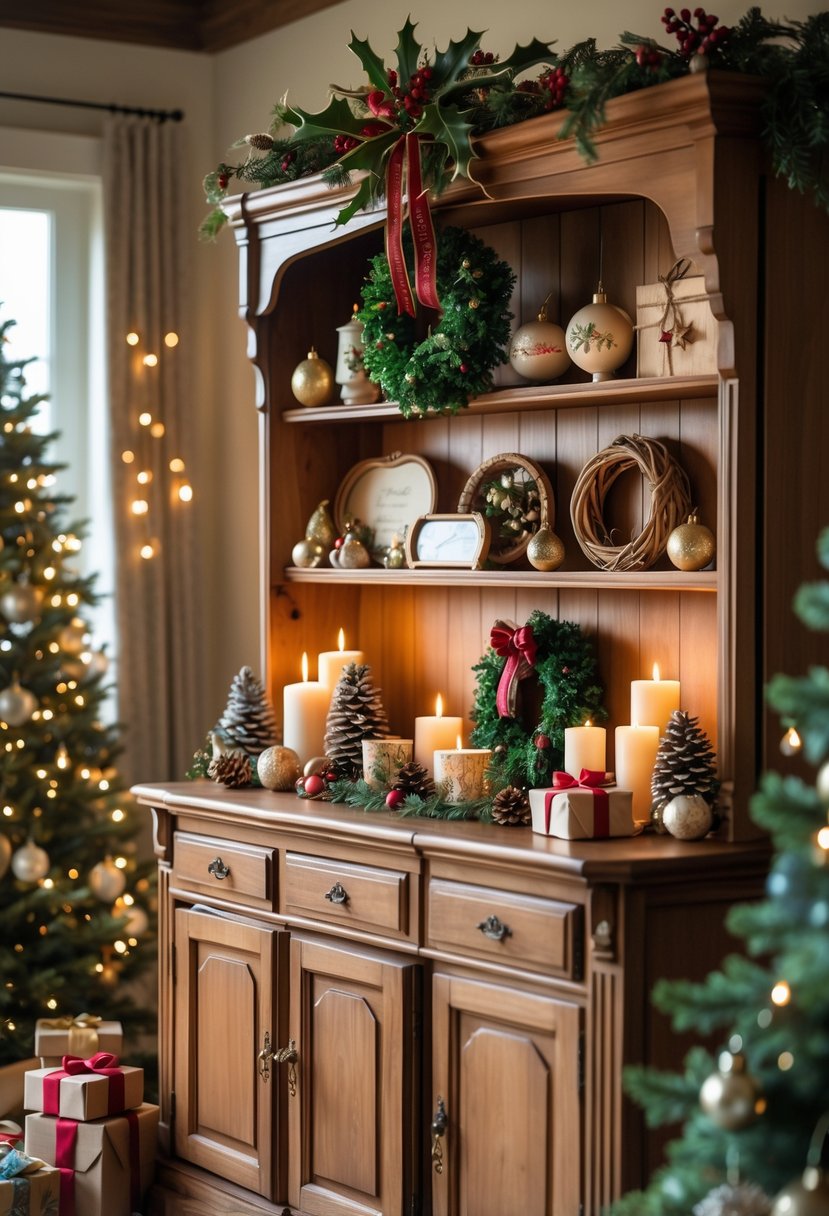 A wooden hutch decorated with Christmas ornaments, candles, pinecones, and evergreen branches, creating a festive holiday display.