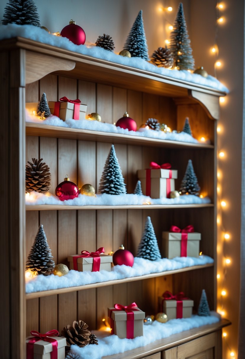 Wooden hutch decorated with faux snow, Christmas ornaments, pine cones, miniature trees, and warm string lights.