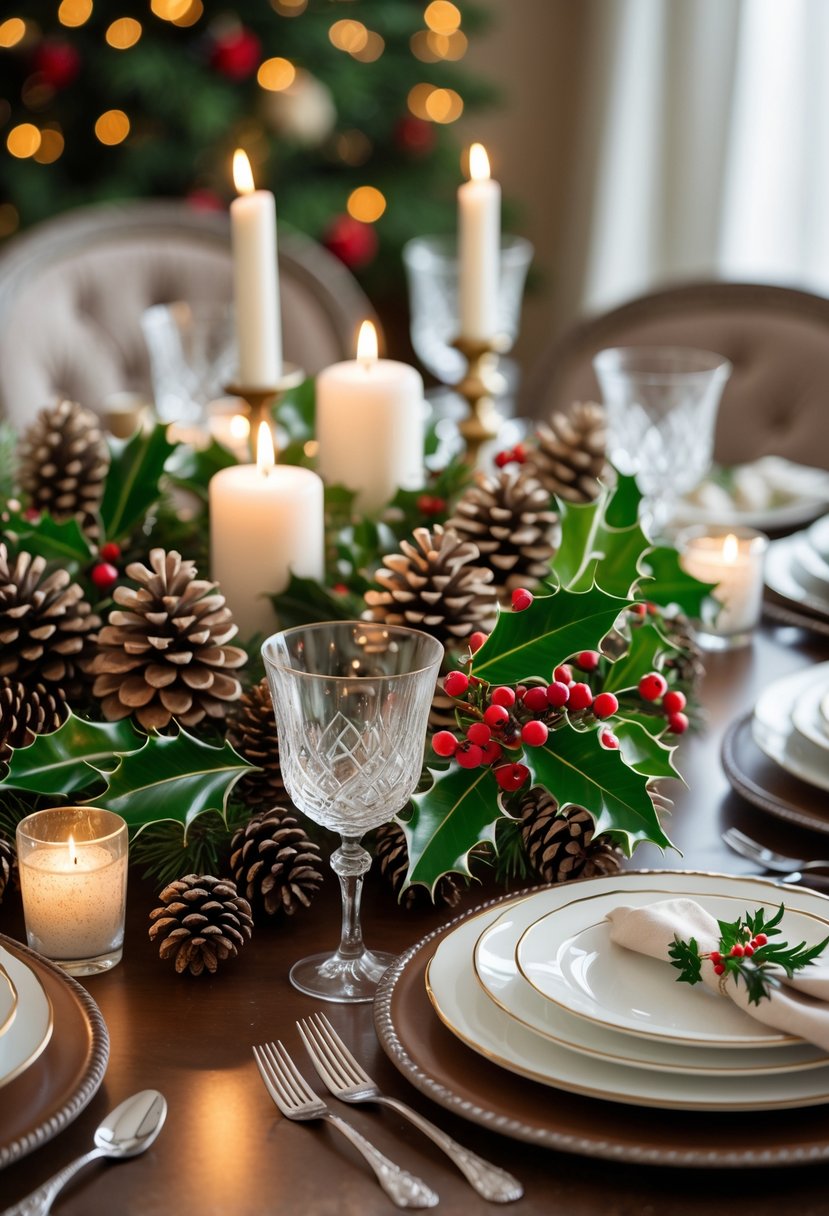 A round Christmas dining table decorated with pinecones, holly leaves with red berries, candles, plates, silverware, and glasses.