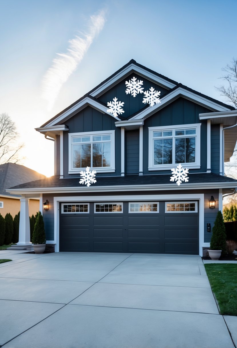 A suburban garage door decorated with multiple large white snowflake decals for holiday decoration.