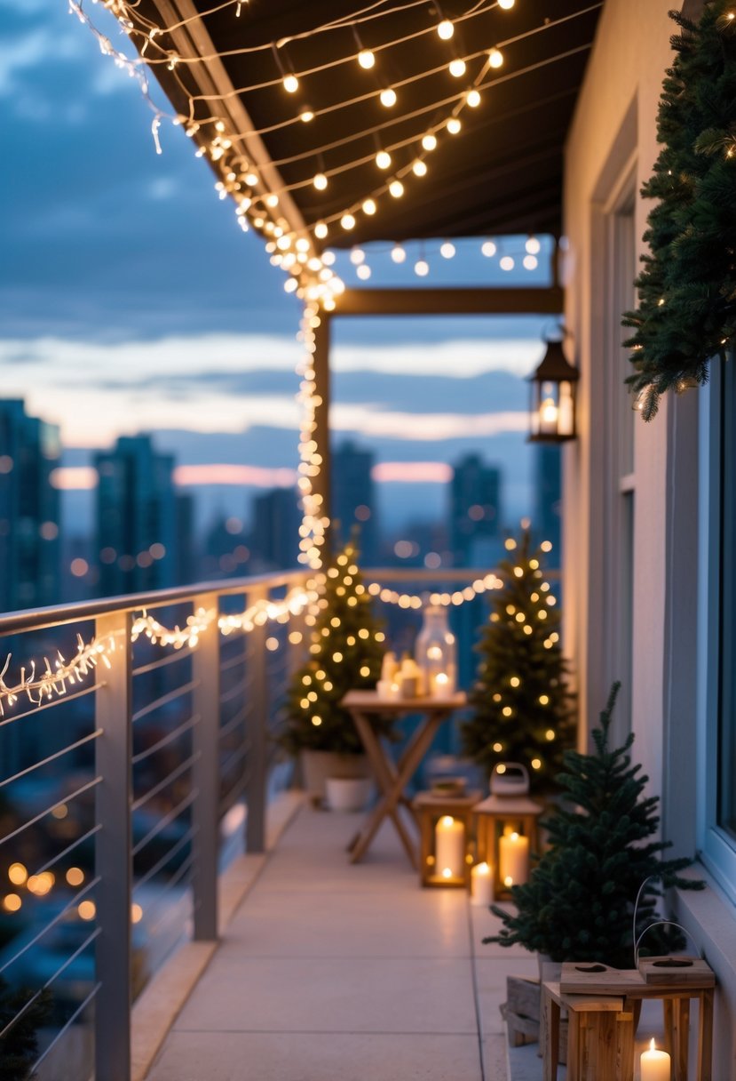 Apartment patio balcony with string fairy lights wrapped around the railings and simple Christmas decorations during twilight.