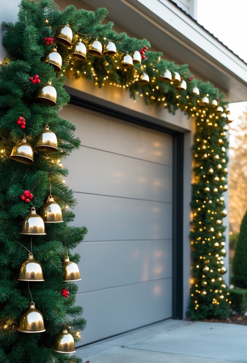 A garage door decorated with a green Christmas garland and golden bells.