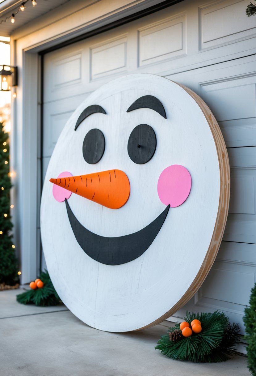 Large painted plywood snowman face leaning against a garage door with Christmas decorations around it.