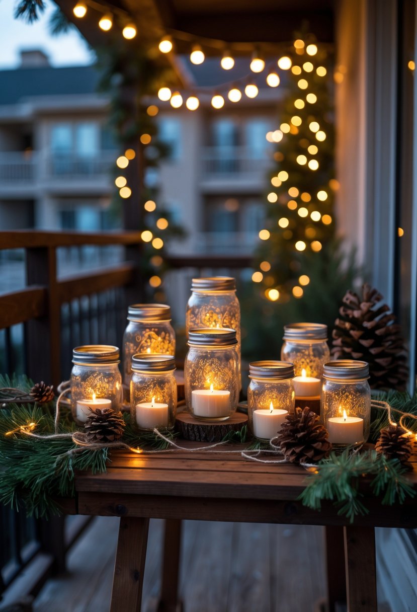 Mason jar candle holders with LED tea lights arranged on an apartment patio decorated for Christmas with pine cones and greenery.
