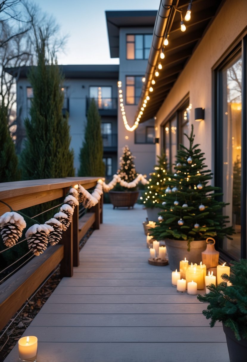 Apartment patio decorated with a pinecone garland with white tips and simple Christmas decorations.
