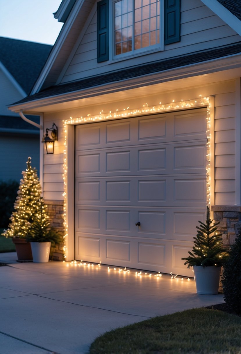 Garage door outlined with warm white string fairy lights and simple Christmas decorations on a suburban house exterior.