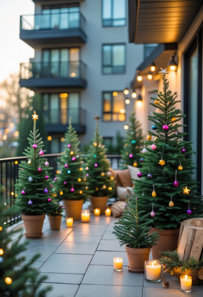 Small potted evergreen trees decorated with mini ornaments on an apartment patio with holiday decorations.