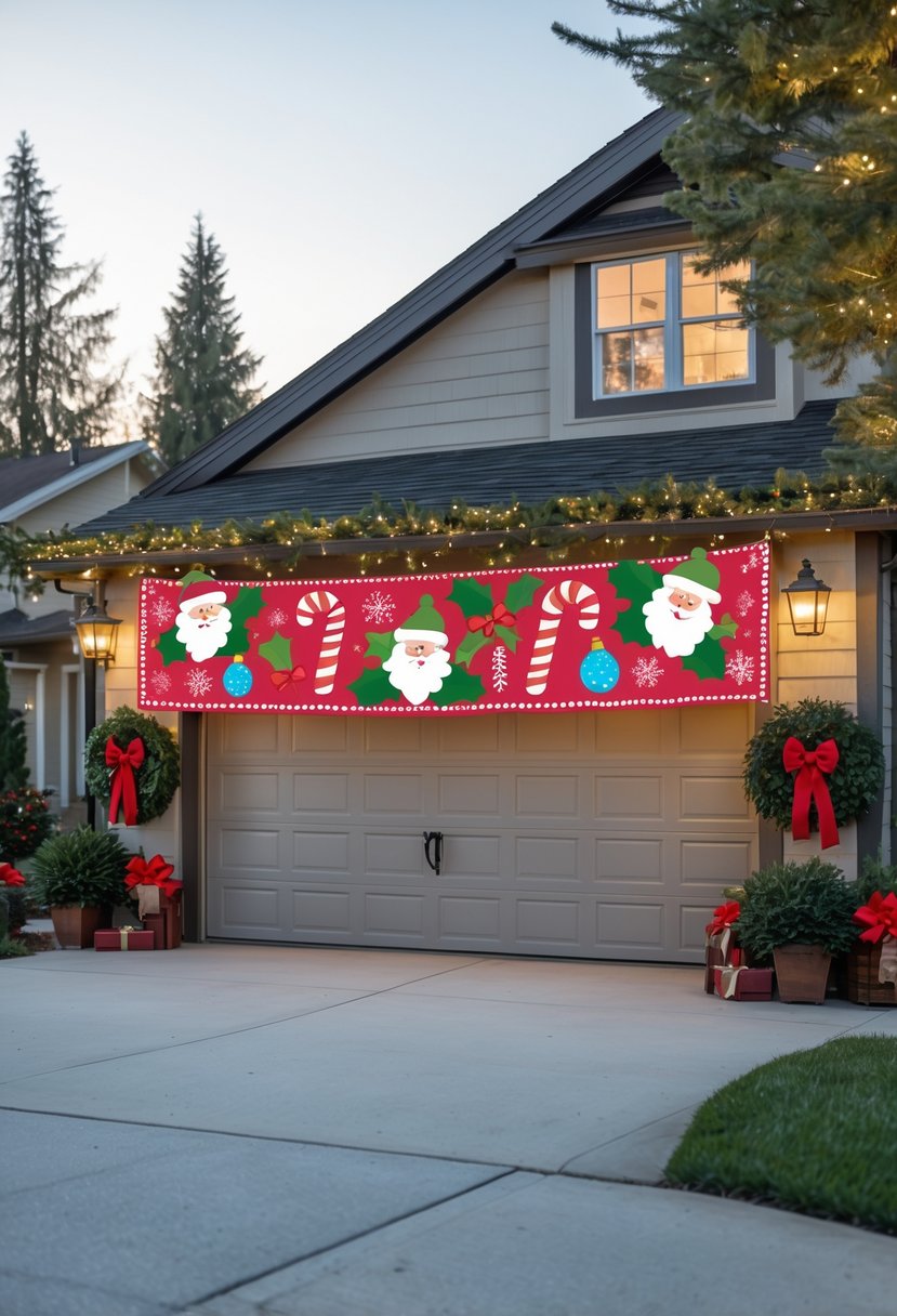 A residential garage door decorated with a large festive banner and simple Christmas decorations including string lights, wreaths, and potted evergreens.