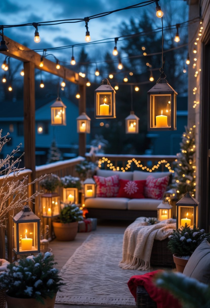 Apartment patio decorated with hanging lanterns containing battery-operated candles and various Christmas decorations.