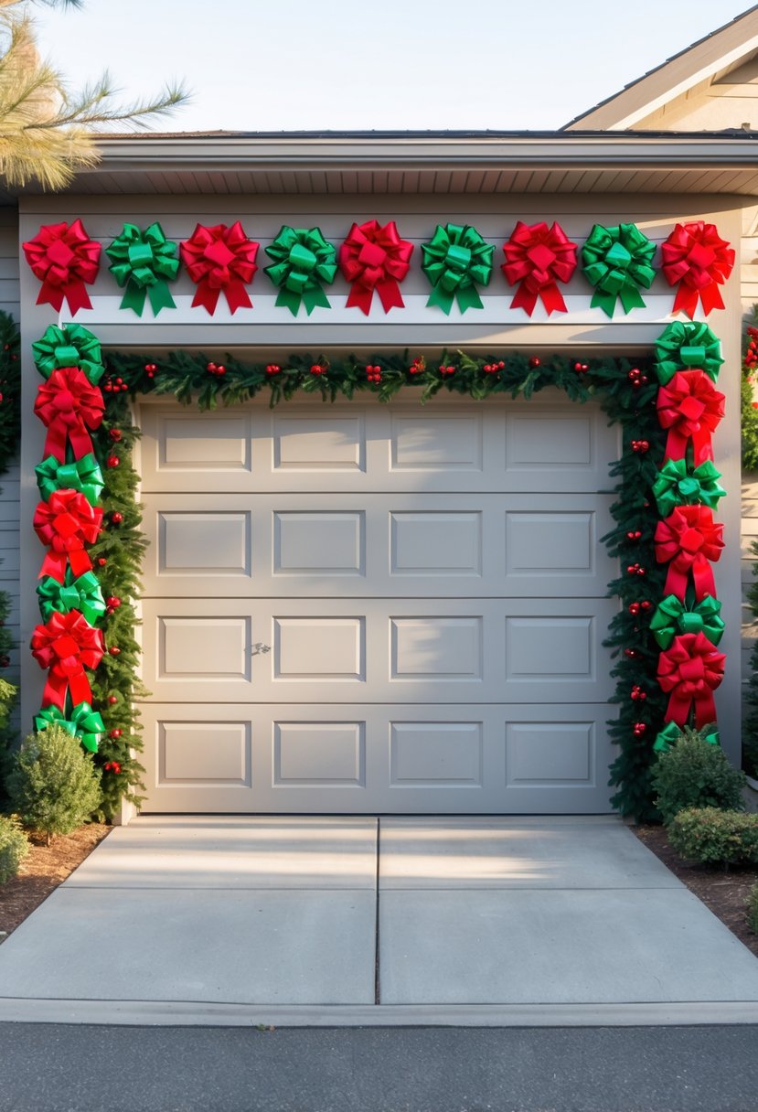 A garage door decorated with red and green bow clusters at each corner, creating a festive holiday look.