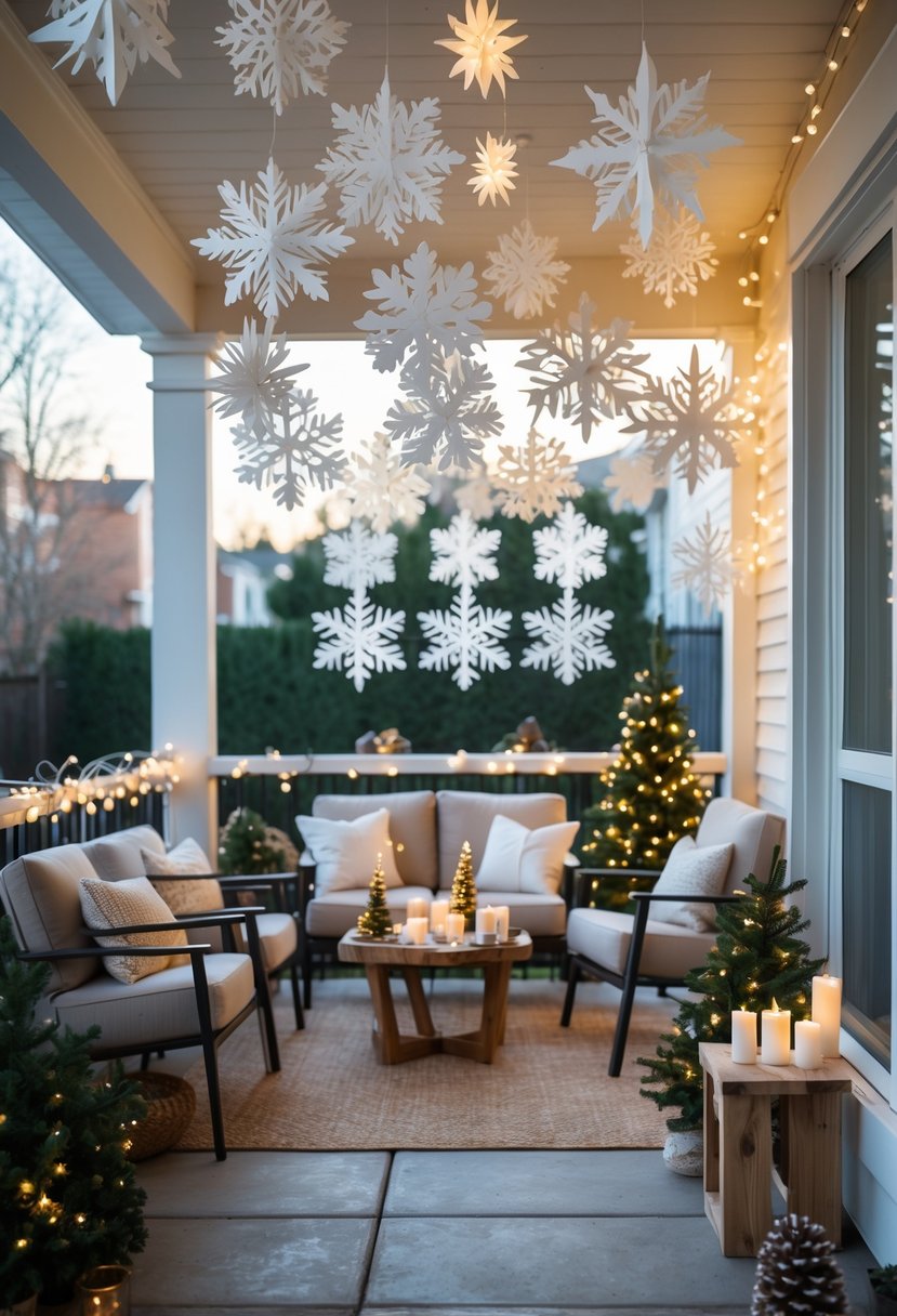 Apartment patio decorated with handmade paper snowflakes hanging from the ceiling and simple Christmas decorations on a table.