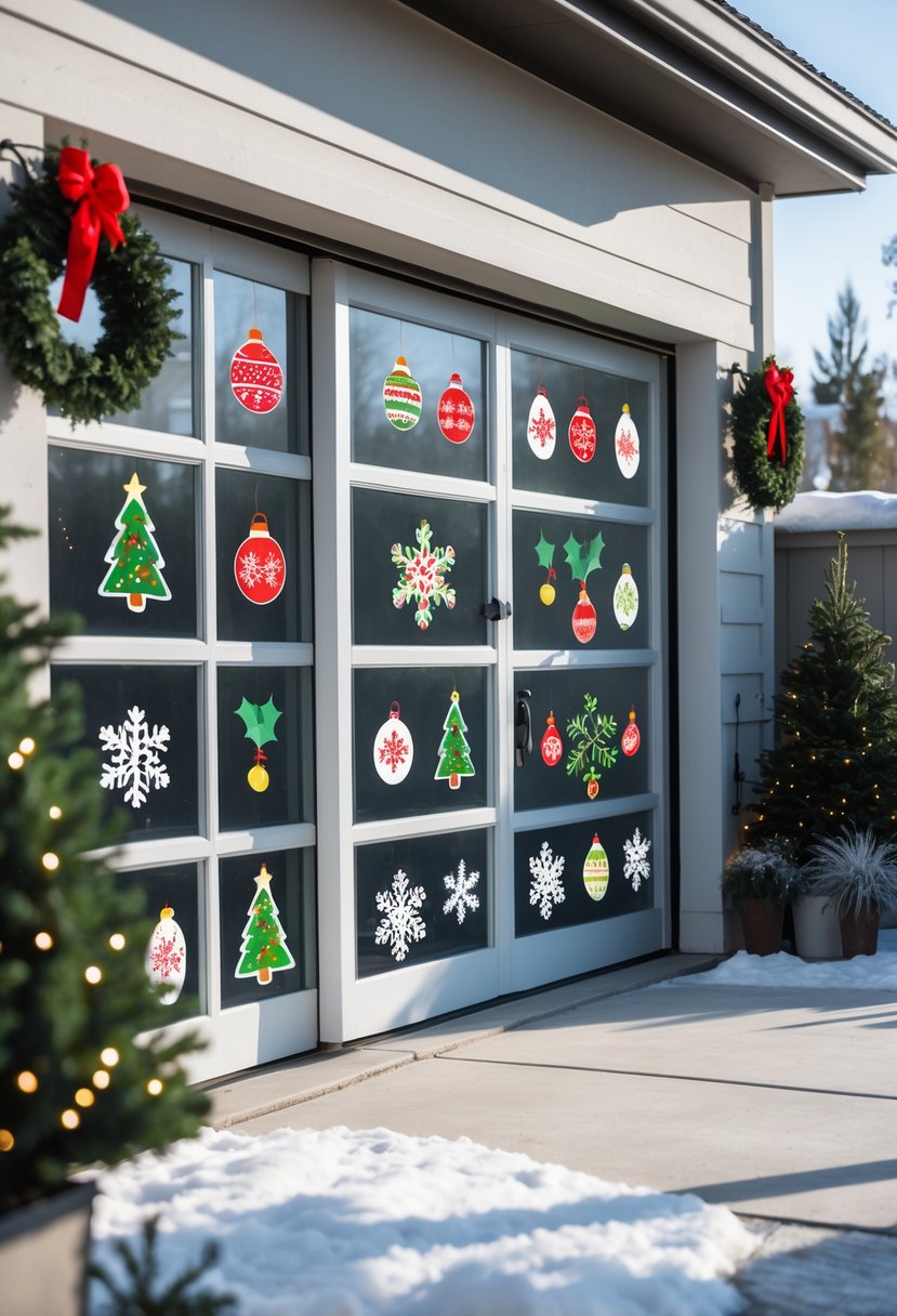 A garage door with glass panels decorated with colorful holiday-themed window clings including snowflakes and Christmas trees, surrounded by festive outdoor decorations.