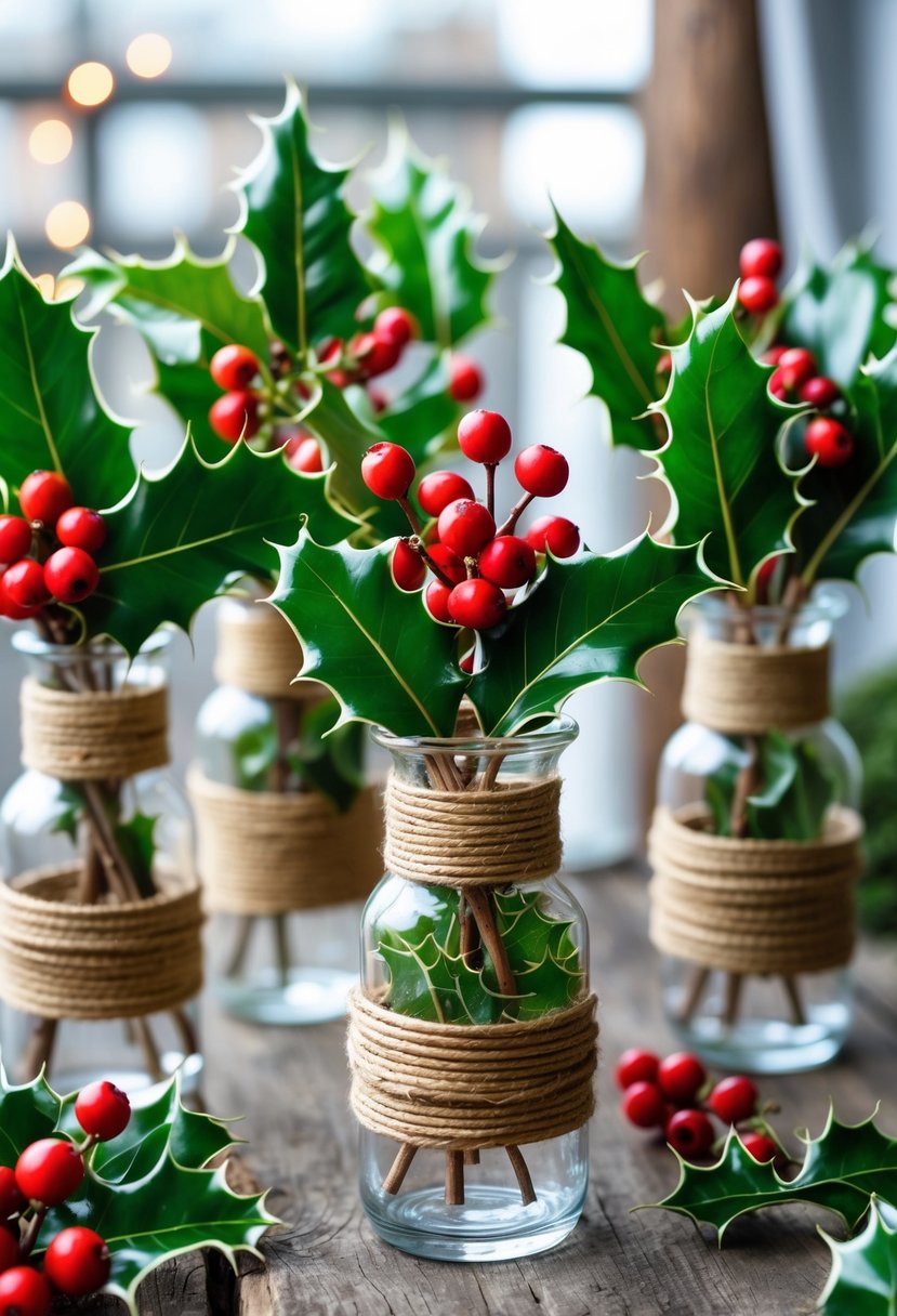 Glass vases wrapped with twine holding sprigs of holly with red berries on a wooden surface.