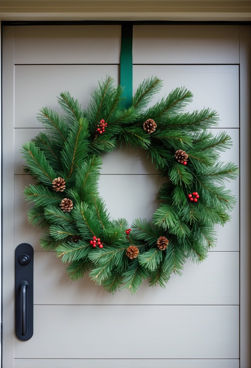 A pine branch wreath hanging on a garage door handle.
