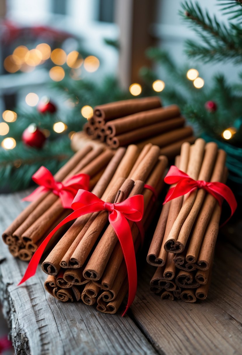 Bundles of cinnamon sticks tied with red ribbons arranged on a wooden surface with Christmas decorations in the background.