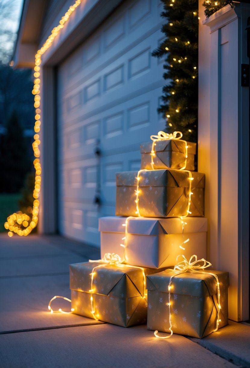 Lighted faux Christmas presents stacked near a garage entrance with warm glowing lights.